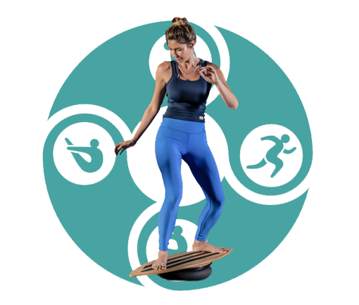 Mulher em posição de equilíbrio sobre prancha de treino funcional, usando roupas esportivas, com ícones de atividades físicas ao fundo
